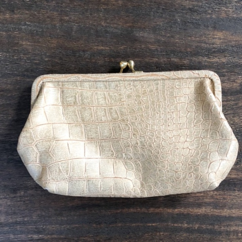 Perlina Gold Pearlescent Alligator Embossed Clutch